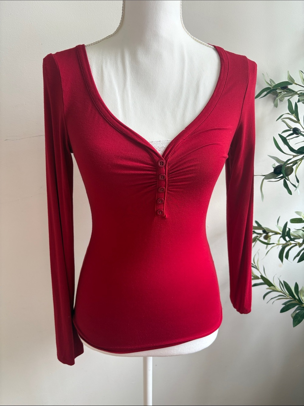 Amazon Long Sleeve Henley V-Neck Top - Red